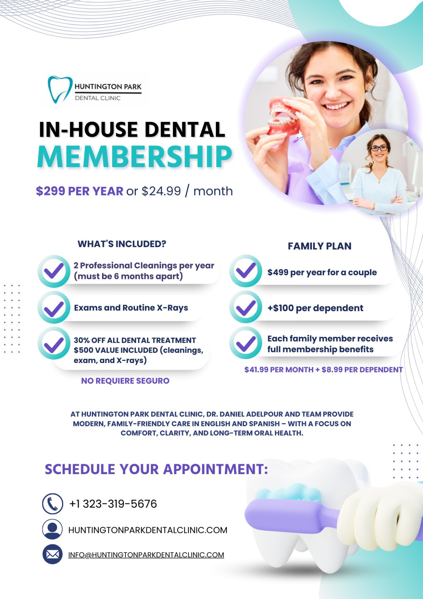 Plan de membresía dental interno de Huntington Park Dental Clinic — $299/año individual, $499/año familiar, incluye 2 limpiezas, exámenes, radiografías y 30% de descuento
